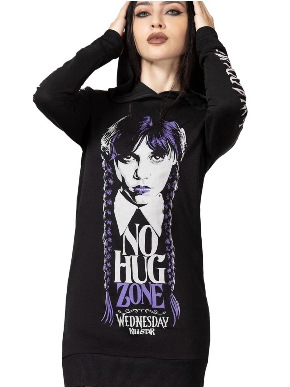 BNWT Killstar Black Crewneck Long Line Hoodie with a Wednesday Graphic